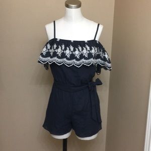 NWT A. BYER blue off the shoulder strap romper